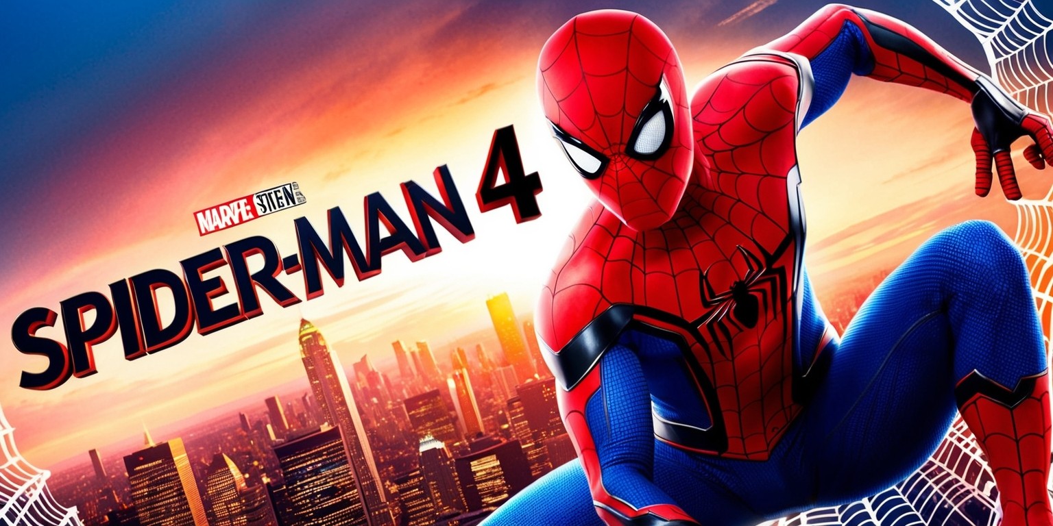 A vibrant, action-packed movie poster for Spider-Man 4 featuring the iconic superhero in a dramatic pose, with a dynamic cityscape at dusk in the background, blending warm orange and blue hues. Spider-Man's costume is a sleek, high-tech version with a bold red and blue color scheme, complete with a silver spider emblem on his chest. His facial expression is determined, with a strong jawline and piercing blue eyes. In the foreground, the title Spider-Man 4 is emblazoned in bold, 3D-style letters with a metallic sheen, surrounded by web-like patterns that add texture and depth to the design. The overall style is a mix of comic book-inspired illustrations and realistic cinematography, with a sense of energy and movement that conveys the excitement and adventure of the movie.