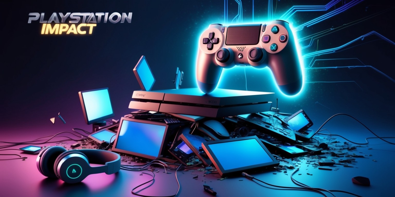 A futuristic, high-tech illustration depicting the significant impact of PlayStation gaming on modern entertainment, set against a dark blue background with neon-lit circuits and wires. In the center, a large, sleek PlayStation console sits atop a heap of shattered TV screens, with fragments of screens and gaming controllers scattered around. A giant, glowing DualShock controller hovers above the console, radiating a warm, electric blue glow that illuminates the surrounding environment. The atmosphere is dynamic, with motion blur effects and vibrant, electric colors. In the foreground, a pair of stylish, minimalist headphones lie discarded, with a few stray gaming cables snaking out from beneath the wreckage. The overall style is a fusion of 3D rendering and digital painting, with bold, geometric shapes and intricate textures. The text PlayStation Gaming Impact appears in bold, metallic font at the top of the image, with a subtle gradient effect that shifts from silver to gold.