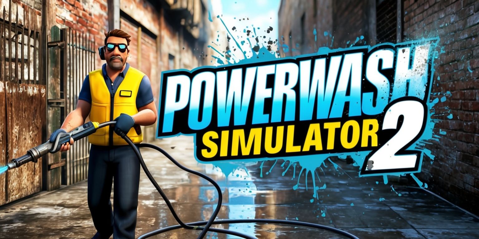 A realistic digital artwork depicting the logo and main character of PowerWash Simulator 2 game, set against a dirty and grimy urban backdrop with worn brick walls, rusty gates, and filthy sidewalks, with the character holding a powerful pressure washer, wearing a yellow vest and goggles, and having a determined expression on their face, with vibrant colors and detailed textures, and the game's logo prominently displayed in bold, modern font with bright blue and white hues, surrounded by splatters of water and dirt, and a sense of dynamism and energy emanating from the scene.