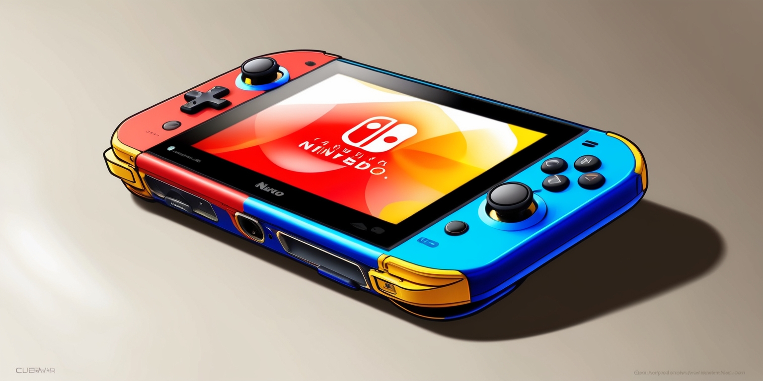 A detailed illustration of a Nintendo handheld gaming console with a sleek and compact design, featuring a vibrant color scheme with dominant tones of red, blue, and yellow, a high-resolution screen displaying a popular Nintendo game, a directional pad, face buttons, and shoulder buttons, all set against a neutral background that allows the console to be the main focus, with subtle lighting effects that accentuate the console's curves and buttons, and a overall aesthetic that reflects the fun and playful spirit of Nintendo's brand, with the console's screen and buttons being the central elements of the composition, and the background fading into a soft blur to emphasize the console's details.