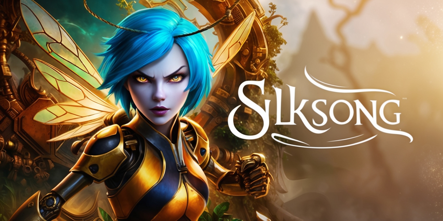 A vibrant illustration of the Silksong game, featuring a mesmerizing blend of organic and mechanical elements, with the protagonist Hornet at the center, showcasing her determined facial expression, pale skin, and striking blue hair, set against a lush, mystical backdrop with intricate details, warm golden lighting, and a mix of earthy tones, with the game's logo subtly integrated in a elegant, cursive font, in a cinematic layout with a wide aspect ratio, and a sense of dynamic movement, capturing the essence of the game's unique art style and atmospheric world.