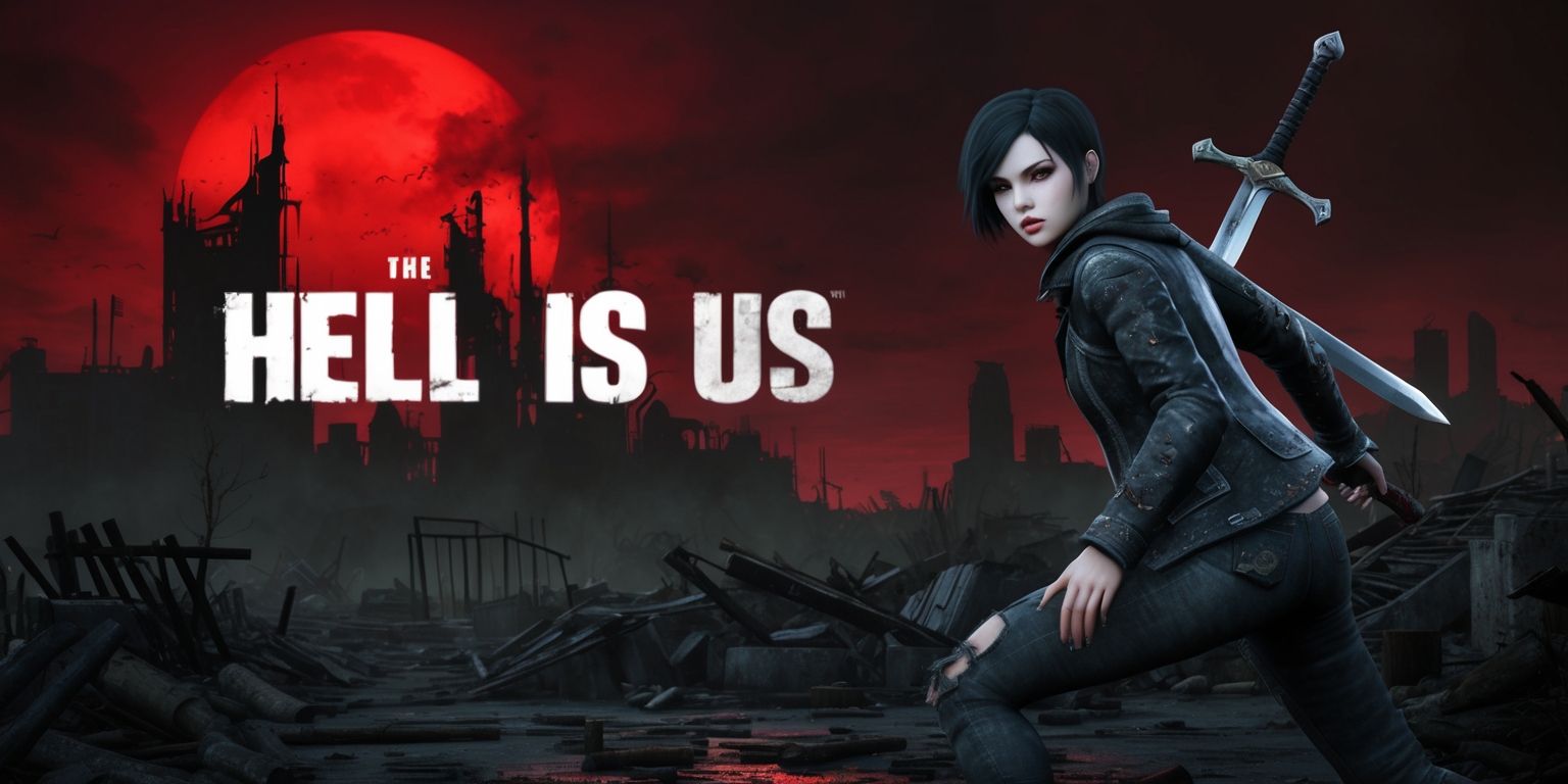A dark and gritty gaming scene from the Hell Is Us game, set in a desolate post-apocalyptic world with a ominous atmosphere, featuring a haunting landscape with ruins and debris, a bold color palette with shades of dark grey, crimson red, and ash black, in a stylized realistic style with sharp lines and textures, a dramatic layout with a low-angle shot, focusing on the central character, a young woman with pale skin, short dark hair, and a determined expression, wearing a tattered black leather jacket and ripped jeans, with a large sword slung over her back, set against a backdrop of a ravaged cityscape with a glowing red sky, with bold typography displaying the game's title in a metallic font with a distressed look.