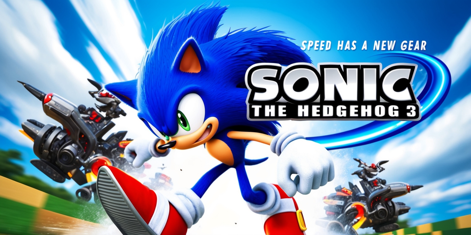 A cinematic poster for Sonic the Hedgehog 3, set against a vibrant blue sky with fluffy white clouds, featuring the titular character, Sonic, prominently in the center, rendered in a colorful, cartoonish style with bold lines and textures, wearing his iconic red shoes and white gloves, with his blue spikes styled in a dynamic, windswept fashion, his bright, expressive eyes gleaming with excitement, his facial expression a mix of determination and playfulness, surrounded by action-packed sequences showcasing his incredible speed and agility, with Dr. Robotnik's ominous, mechanical contraptions looming in the background, the title Sonic the Hedgehog 3 emblazoned in bold, metallic silver font with a rounded, futuristic aesthetic, accompanied by the tagline Speed has a new gear in a curved, gradient blue line above the title, all bathed in a warm, summery light with a sense of high-energy action and adventure.