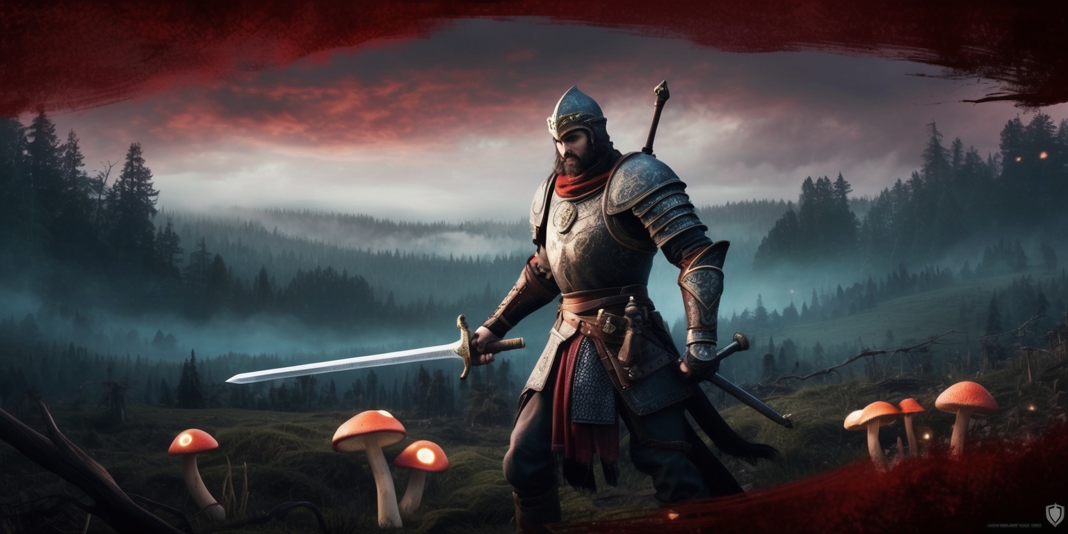 A medieval-inspired fantasy landscape depicting a heroic warrior, adorned with intricate armor and wielding a sword, set against a backdrop of a sprawling, mist-shrouded forest, with a subtle glow of luminescent mushrooms and an ominous, crimson-tinted sky, evoking the dark, mystical atmosphere of the Avowed game, with detailed, realistic textures and lighting, rendered in a mix of warm, earthy tones and muted, mystical blues, with a hint of magic and ancient lore.