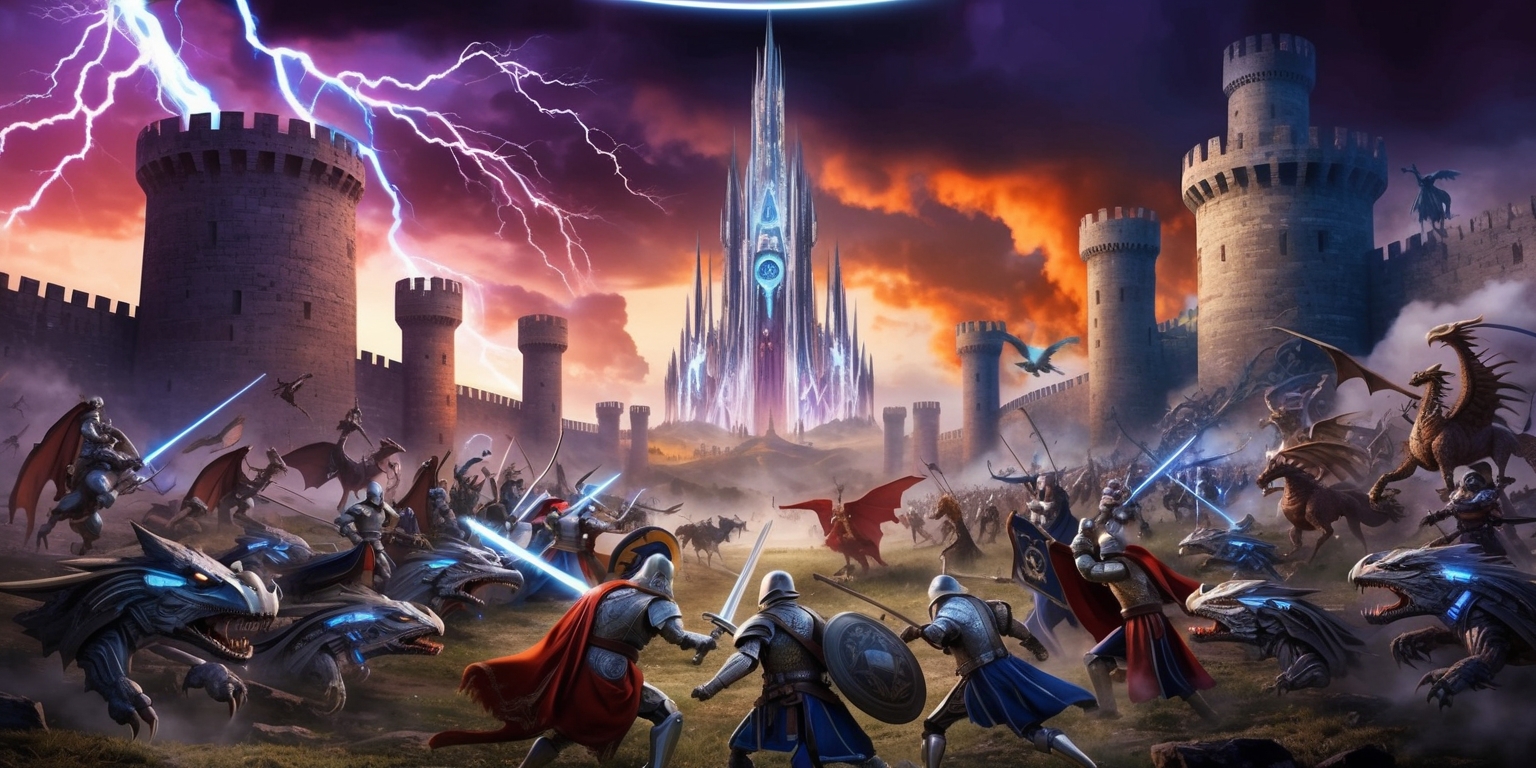 A sweeping landscape of a futuristic medieval world, where ancient castle walls and towers now hover above the ground, surrounded by a halo of luminescent energy, as knights in shining armor, armed with laser-infused swords and shields, battle against hordes of robotic dragons and mechanical warriors, amidst a backdrop of blazing purple and orange skies, with bursts of vibrant blue lightning illuminating the dark clouds, and in the distance, a majestic, gleaming silver spire pierces the heavens, adorned with intricate, pulsing circuitry patterns, as the air is filled with the hum of magic and machinery.