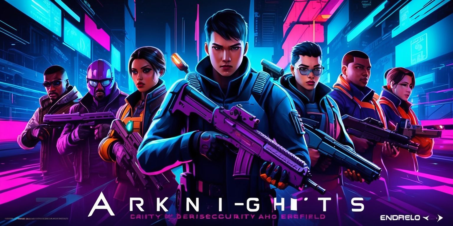 Arknights characters in a futuristic urban landscape, set amidst the backdrop of the Endfield game, with a focus on gritty cybersecurity and strategic gameplay, featuring a diverse cast of operators with unique abilities and styles, rendered in a vibrant, neon-lit color palette with a mix of dark blues and purples, and accents of bright pinks and oranges, with a dynamic composition and sharp lines, incorporating futuristic architecture and advanced technology, and showcasing the characters' distinctive facial features, skin tones, and attire, with a sense of tension and urgency, highlighting the game's themes of strategy, teamwork, and high-stakes action.