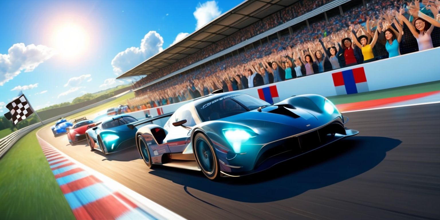 A realistic digital illustration of the Racing Master game, with sleek racing cars speeding around a professional racing track, set against a clear blue sky with a few puffy white clouds, the sun shining down, casting a warm glow on the scene, the cars' headlights and taillights illuminated, with a blurred motion effect to convey the speed, the track's grandstands filled with excited spectators of diverse skin colors and facial features, all cheering and waving, with a few flags and banners bearing the game's logo, a stylized bold font with a checkered flag motif, in a vibrant color scheme of red, green, and blue, with a dynamic layout and a low-angle shot to emphasize the action and drama of the racing scene.
