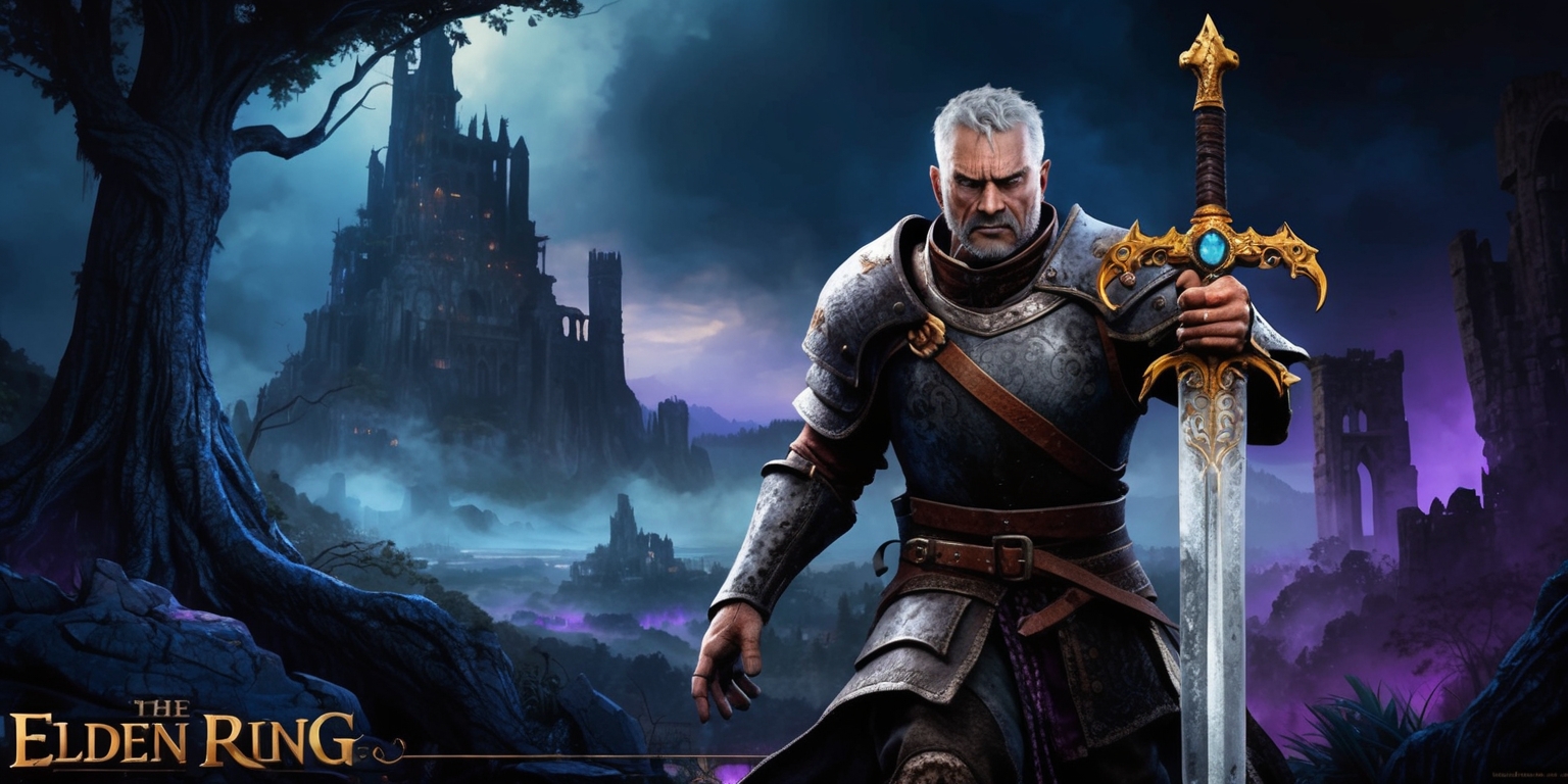 A dark fantasy scene from the Elden Ring game, featuring a dramatic landscape with towering trees, ruined castles, and mystical fog, set against a backdrop of deep blues and purples, with intricate details and textures, in a style reminiscent of medieval illustrations, with a central figure of a Tarnished warrior, clad in worn armor, with a determined expression, sharp facial features, and a hint of exhaustion, wielding a majestic sword, with golden accents and ornate designs, as the warrior stands victorious amidst a sprawling, atmospheric environment, with subtle lighting and shading, and an overall sense of foreboding and adventure.