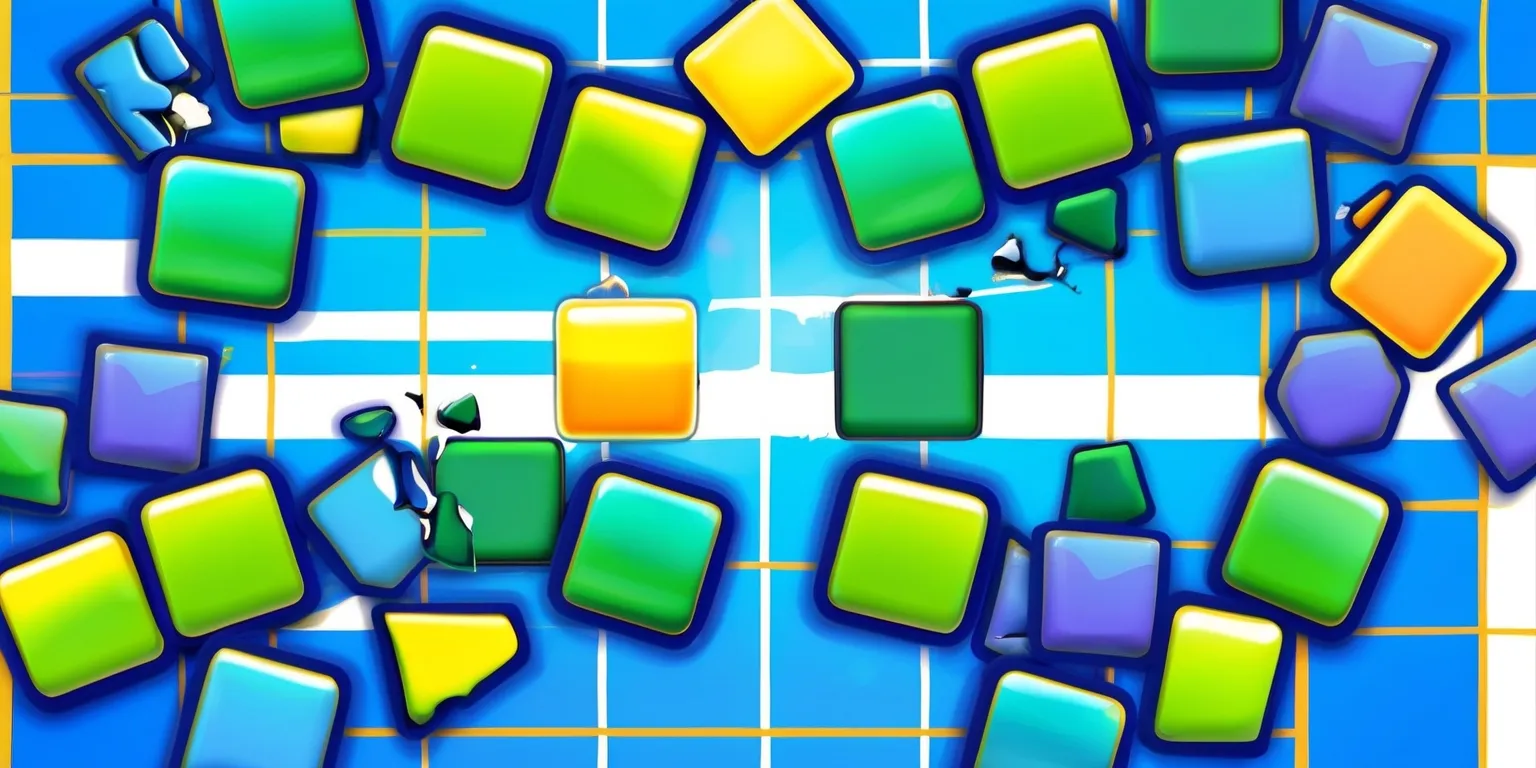 A colorful digital illustration of the Tiles Survive game, featuring a mosaic of vibrant tiles in various shapes and sizes, set against a bright blue background, with bold white grids and lines separating each tile, and a few tiles cracked or broken to hint at the game's challenges, the overall style is reminiscent of a modern mobile game with clean lines and minimalist design, the tiles are arranged in a staggered layout with some overlapping each other, and in the center of the image, a few tiles are highlighted with a glow effect to draw the viewer's attention, the color palette is dominated by shades of blue, green, and yellow, with subtle gradient effects to give the image a sense of depth and dimensionality.