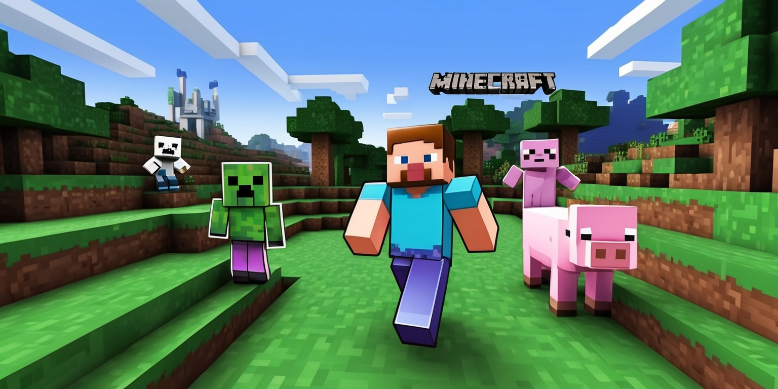 A detailed digital illustration of a Minecraft game scene, featuring a blocky 3D landscape with a bright blue sky, green grass, and brown dirt, with various Minecraft characters and creatures, such as a default skin Steve, a Creeper, and a pig, in the foreground, set against a backdrop of trees, hills, and a distant castle, with a mix of warm and cool colors, and a pixelated aesthetic, including sharp lines and geometric shapes, with the Minecraft logo subtly integrated into the scene, in a landscape orientation, with the characters and creatures arranged in a balanced composition.