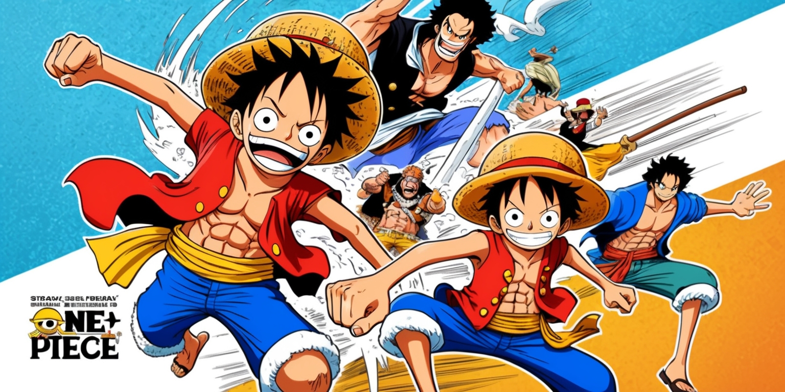 A vibrant and action-packed illustration inspired by the popular One Piece manga series, featuring Monkey D. Luffy, the Straw Hat Pirates' captain, and other main characters in a dynamic composition, set against a warm and sunny oceanic background with subtle texture resembling manga paper, incorporating bold lines, exaggerated facial expressions, and expressive body language, with a color palette that blends bright blues and whites with earthy tones, evoking a sense of adventure and friendship, and possibly including subtle text or symbols inspired by the series' iconic logos and typography.