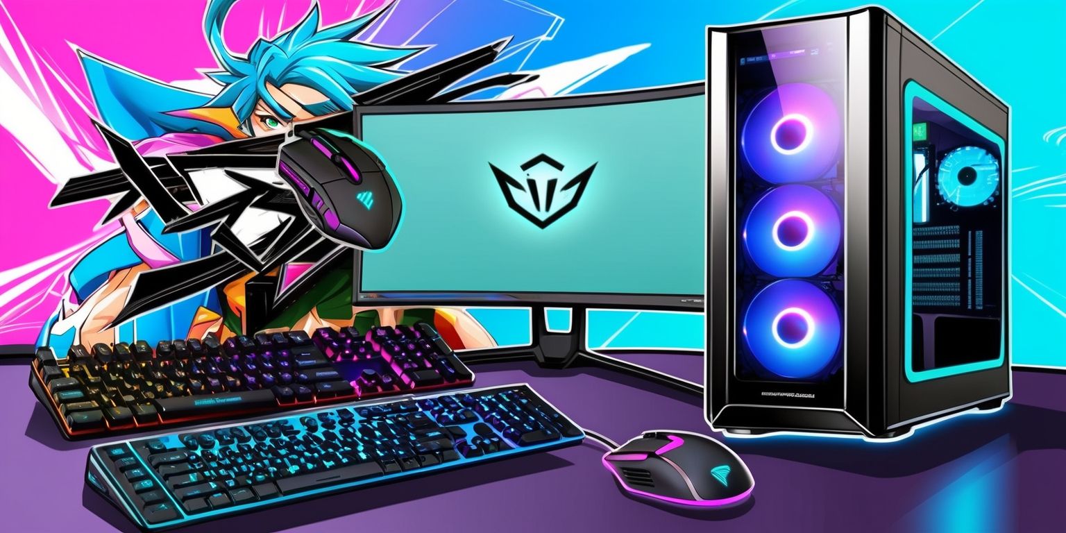 A colorful anime-inspired illustration of a gaming hardware collection, featuring a sleek high-performance keyboard with vibrant backlighting, a precision mouse with interchangeable sides, a high-resolution gaming monitor with a thin bezel, and a powerful computer tower with glowing blue accents, all arranged on a modern desk with a futuristic anime-themed backdrop, incorporating bold lines, bright colors, and dynamic shading, with a focus on intricate details and textures, set against a gradient blue and purple background that evokes a sense of excitement and energy, with the hardware devices being the main subject of the image, rendered in a stylized anime art style with bold black outlines and delicate facial features on any characters that may be present in the background or foreground.