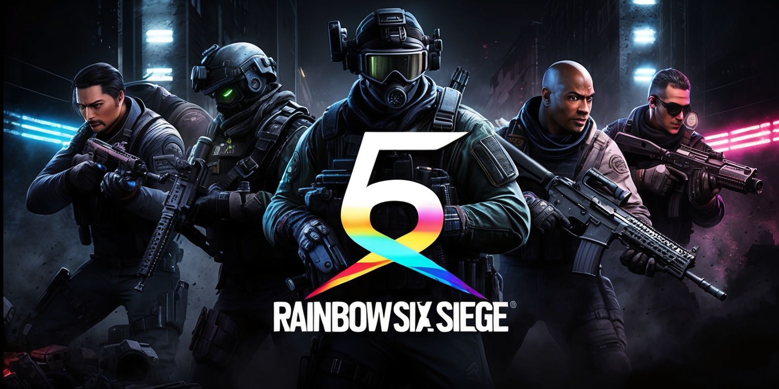 A dramatic, highly detailed digital illustration of the iconic characters from the Rainbow Six Siege game, set against a dark, gritty, urban warfare-inspired background with subtle hints of neon lights, emphasizing the intense, tactical atmosphere of the game. Characters are posed in dynamic, action-packed stances, showcasing their unique abilities and high-tech gear, with a focus on vivid, bold colors and sharp, realistic textures. The characters' facial features are defined, with varied skin tones and distinct, individualistic attributes. Prominent inclusion of the game's logo, a stylized, metallic numeral 6 with a subtle, gradient rainbow effect, situated prominently in the foreground, surrounded by subtle hints of damage, smoke, and debris. The overall aesthetic is dark, edgy, and high-octane, evoking the fast-paced, strategic gameplay of the popular first-person shooter.
