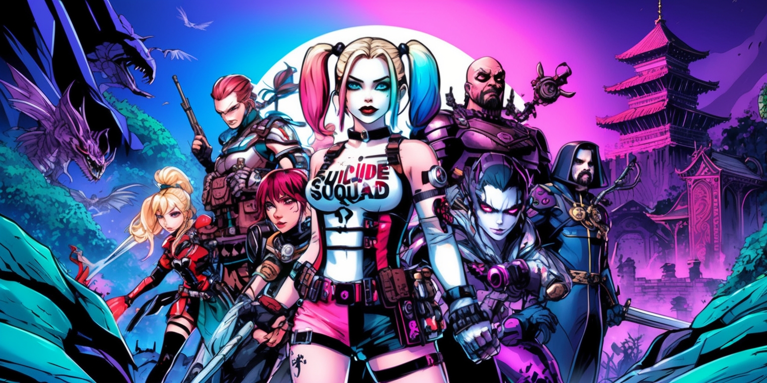 A vibrant, stylized anime illustration featuring the Suicide Squad characters transported to a fantasy realm, blending dark DC Comics tones with whimsical isekai elements, set against a dynamic, gradient blue-purple background, with bold lines, expressive facial expressions, and intricate details, capturing the essence of Harley Quinn, Deadshot, and other characters in their distinct costumes, with elaborate accessories and armor, showcasing their unique personalities and abilities, amidst lush, mystical landscapes and ancient ruins, with Japanese-inspired architecture and mystical creatures lurking in the shadows, as if ripped from the pages of a manga, with bold, striking colors and dramatic shading, evoking a sense of action, adventure, and dark humor.