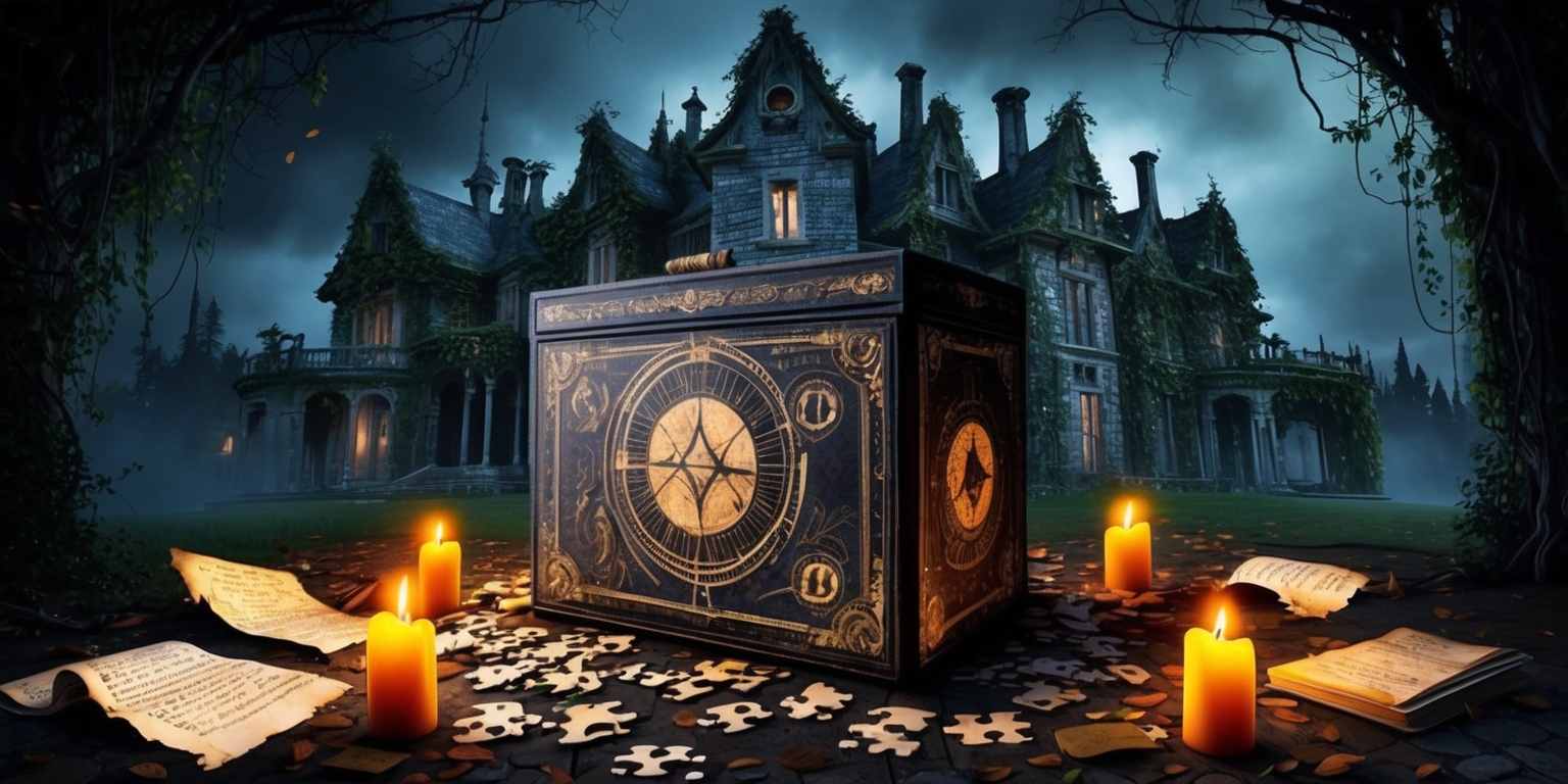 A hauntingly beautiful, sprawling Mystery Manor with intricate stone carvings and overgrown with vines, set against a dark, foreboding sky with a hint of mist, serves as the backdrop for a puzzle game scene, with a large, old-fashioned, ornate puzzle box at its center, adorned with cryptic symbols and mysterious markings, surrounded by scattered puzzle pieces, torn pages from an ancient diary, and flickering candles, casting an eerie warm glow, amidst a sense of eerie silence and anticipation, with a subtle hint of magic and wonder in the air.