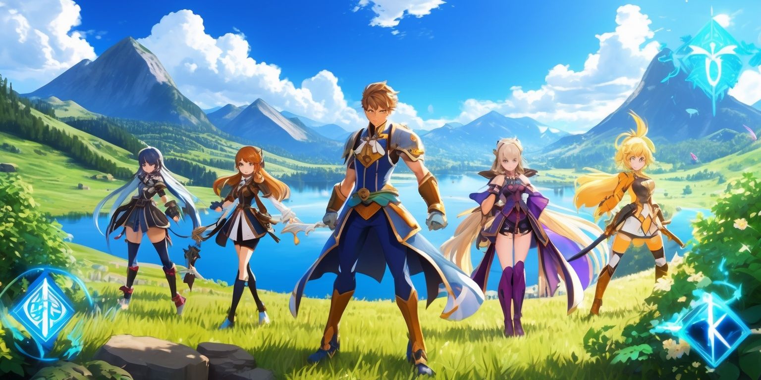 A vibrant and dynamic scene from the popular Genshin Impact game, featuring a stunning landscape with rolling hills, towering mountains, and serene lakes, set against a clear blue sky with fluffy white clouds, with characters such as Diluc, Kaeya, and Amber, each with unique facial features, skin tones, and intricate costume details, standing heroically in the foreground, surrounded by lush greenery, with the game's iconic elemental symbols and magical effects adding a touch of fantasy and adventure to the atmosphere, all rendered in a beautiful, detailed, and colorful anime-style aesthetic, with bold lines, delicate textures, and captivating lighting effects.