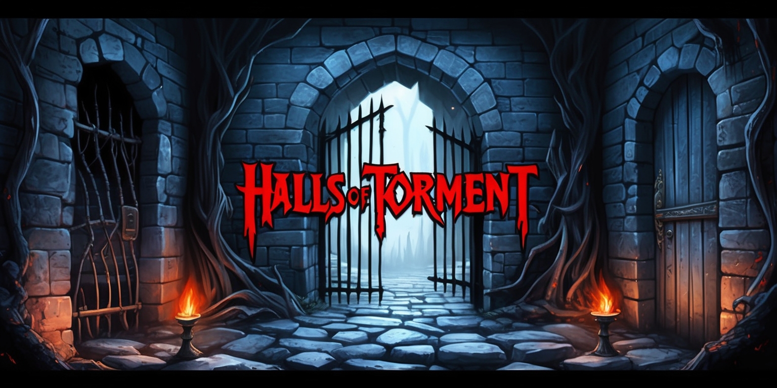 A dark fantasy themed illustration of the Halls of Torment game, set in a hauntingly beautiful dungeon with cold grey stone walls, flickering torches, and a sense of eerie mist, the atmosphere is ominous and foreboding, with twisted metal gates and old wooden doors, the color palette is predominantly dark blues and greys, with hints of fiery reds and oranges, the style is reminiscent of a Gothic horror scene, with intricate details and textures, the layout is cinematic, with a sense of depth and dimensionality, and the framing is tight, focusing on the central doorway, with the game's logo emblazoned in bold, blood-red letters, in a medieval-style font, with jagged edges and pointed serifs.