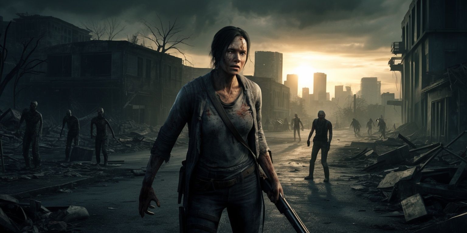 A dystopian landscape with a survivor in the foreground, set amidst a post-apocalyptic world overrun by zombies, with a dark and ominous atmosphere, muted colors, and a sense of desperation, the survivor is dressed in tattered clothing, armed with a shotgun, wearing a determined expression, with a few zombies lurking in the background, the scenery includes abandoned buildings, debris-filled streets, and a haunting sunset, the style is reminiscent of a survival horror game, with a focus on gritty realism, the layout is cinematic, with the survivor centered, and the zombies scattered around, the overall mood is tense and foreboding, with a sense of urgency and survival.