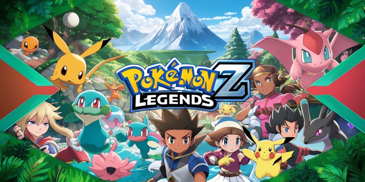 A vibrant and dynamic scene depicting the world of Pokémon Legends: Z-A, with a mix of lush green forests, majestic mountains, and serene water bodies, set against a warm and inviting color palette, featuring a variety of Pokémon and their trainers, with diverse facial features, skin tones, and unique attributes, showcasing various Pokémon in action, with bold lines, and meticulous textures, in a stylized anime-inspired art style, with the game's logo prominently displayed in a futuristic, metallic font, with a layout that emphasizes depth and movement, and a framing that draws the viewer into the immersive world of Pokémon Legends: Z-A.