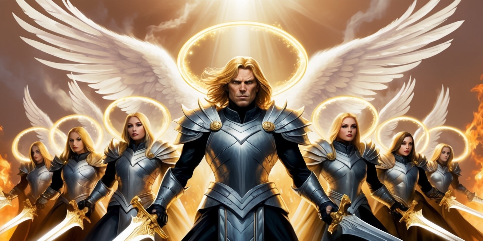 A dramatic, action-packed scene depicting a legion of angels, each with wings outstretched and halo radiant, standing guard in a mystical realm, surrounded by wispy clouds and subtle, ethereal lighting. The angels are dressed in shimmering, metallic armor with intricate, ornate details, and wield holy swords that glimmer with divine energy. The atmosphere is tense, with an impending sense of battle, and the angels' faces are determined and resolute, with a focus on their leader, a commanding figure with piercing blue eyes and shoulder-length, golden hair. The background is a warm, fiery hue, evoking a sense of intense drama and high stakes, with subtle, flickering flames dancing across the edges of the frame. The overall style is a blend of fantasy and comic book-inspired art, with bold, dynamic lines and vibrant, saturated colors.