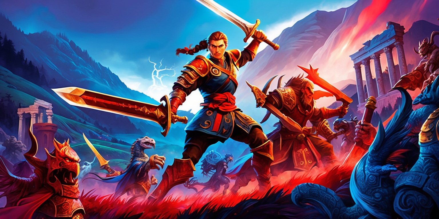 A vibrant fantasy scene depicting a heroic figure in the midst of an epic battle, surrounded by mystical creatures and ancient ruins, with a massive sword in hand and a determined expression on their face, set against a dramatic landscape with rolling hills and towering mountains in the background, incorporating a mix of magical and medieval elements, with intricate details on the character's armor and weapons, and a dynamic composition that conveys a sense of energy and movement, featuring a bold color palette with shades of blue, red, and gold, and a stylized artistic style reminiscent of classic action-RPG games.
