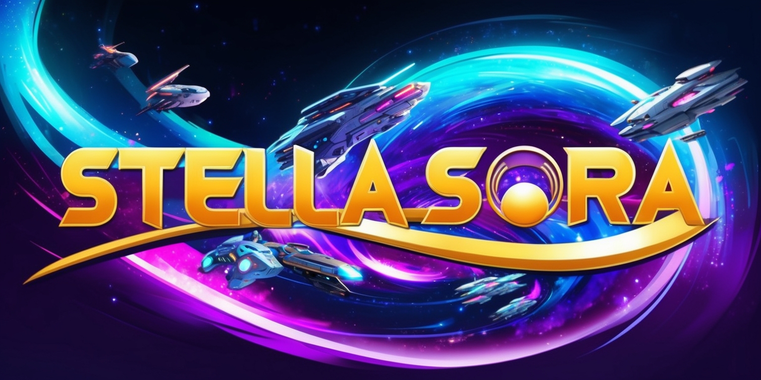 A vibrant digital illustration of the Stella Sora game, featuring a futuristic cosmic landscape with swirling purple and blue galaxies, a variety of alien spacecraft, and a bold, golden title font with the words Stella Sora emblazoned across the top of the image in a curved line, with a mix of sharp, angular lines and smooth, rounded shapes, set against a dark, gradient background that transitions from deep blues to radiant purples, and filled with tiny, shimmering stars and celestial details that evoke a sense of wonder and exploration.
