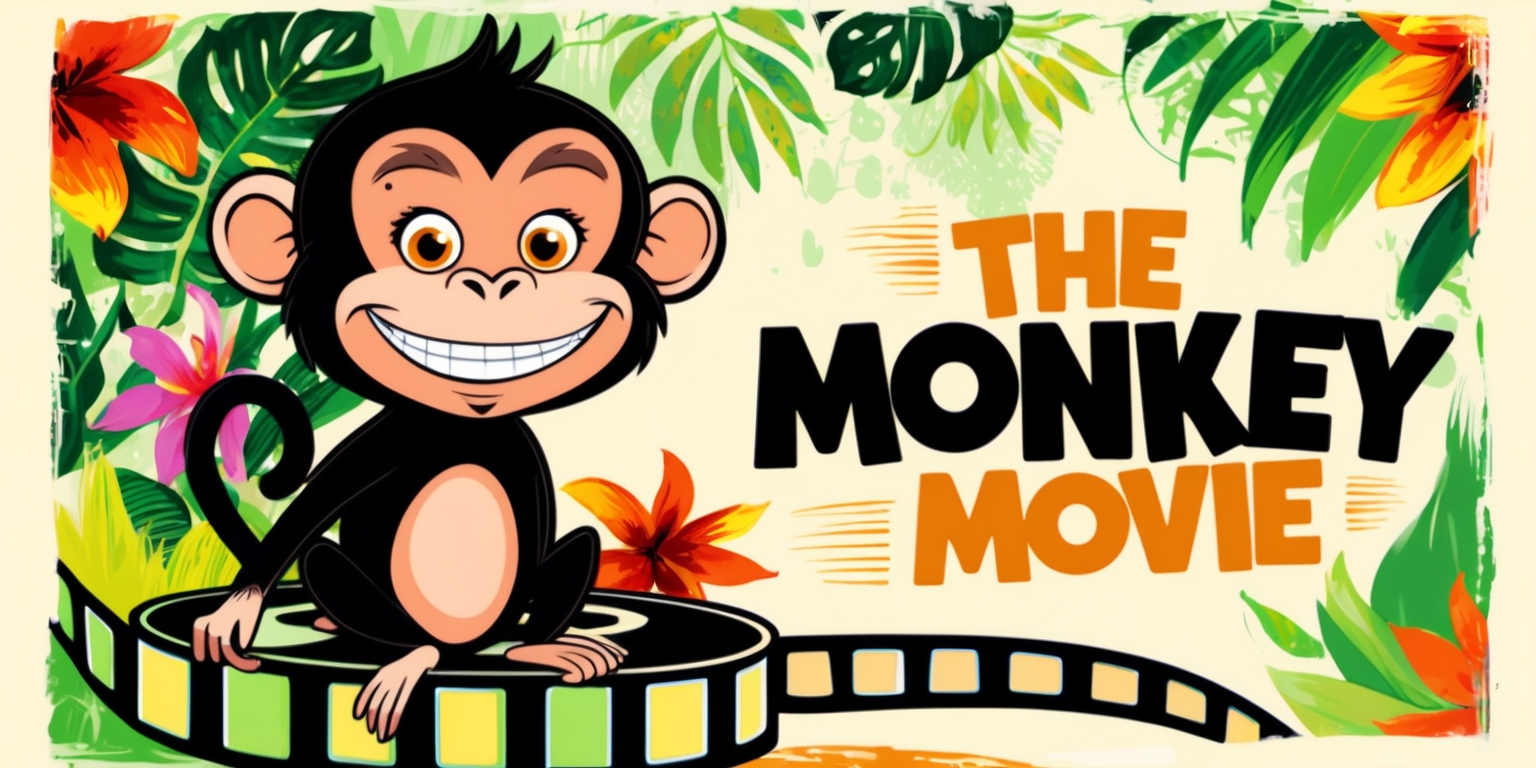 A vibrant poster for The Monkey Movie featuring a stylized illustration of a mischievous monkey with bright, inquisitive eyes and a cheeky grin, sitting on a film reel surrounded by lush greenery and exotic flowers, with a subtle jungle-inspired pattern in the background, rendered in a mix of bold brushstrokes and textured digital paint, with the title The Monkey Movie written in bold, playful lettering with a mix of curved and angular lines, in a warm color palette with shades of yellow, orange, and green, with hints of golden light and subtle shadows, evoking a sense of adventure and whimsy.